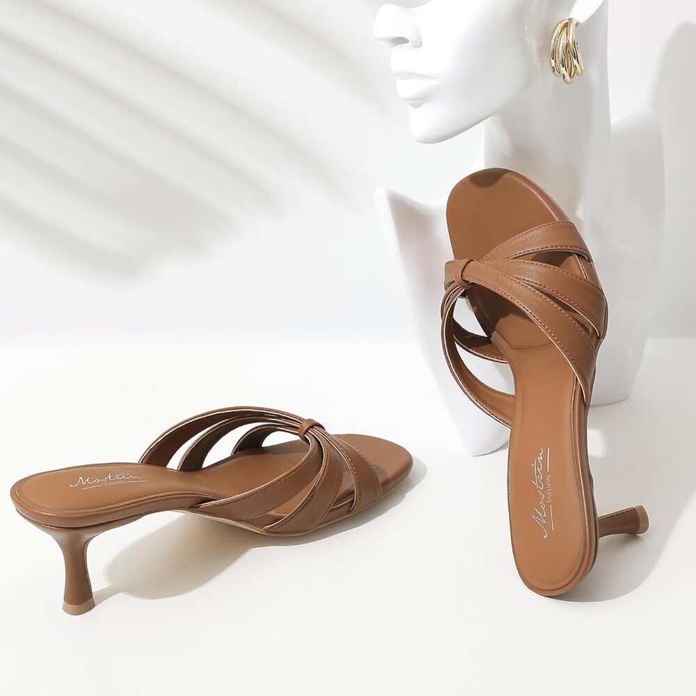 Mostrin Women's Brown Strappy Kitten Round Open Toe Fashion Thong Heeled Sandals - Picture 7 of 9
